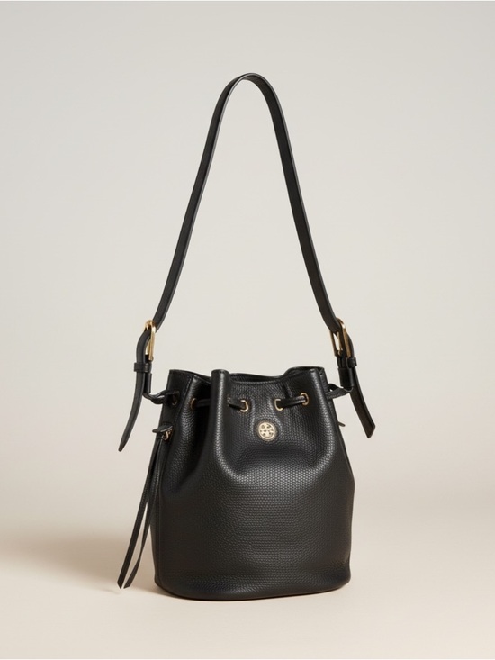 Tory Burch Handbags - Tory Burch Pebbled Leather Bucket Bag Black Gold Drawstring w Dust Bag EUC